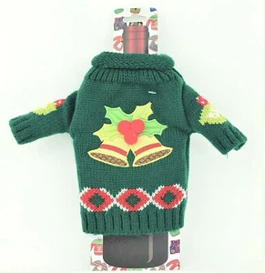 Ugly Knitted Bottle Sweater Cover Koozie Beer Wine Holiday Bells w Pom Poms - Picture 1 of 4