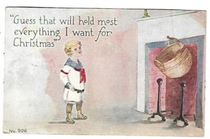 ANTIGUA Postal Feliz Navidad Niño Pequeño Cesta Colgante en Chimenea - Imagen 1 de 2