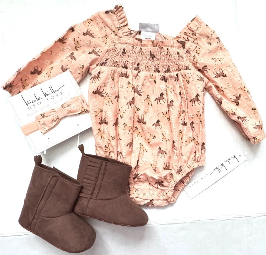 NICOLE MILLER Juego de 3 Piezas Rosa/Marrón Motivo CABALLO Talla 0-3 Meses Foto 1 de 1