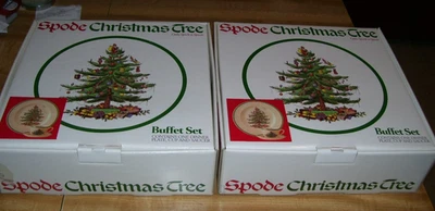 Pair Spode Christmas Tree Buffet Sets Dinner Plate Cup Saucer Made in England - Image 1 of 3