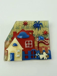 Vintage Haus Pin von Lucinda amerikanische Flagge 4. Juli Feuerwerk rot weiß blau - Bild 1 von 11