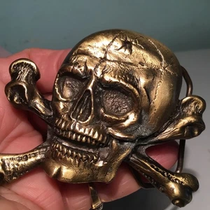 Vintage Pewter belt Buckle Skull Crossbones Bikers Great American Buckle Co 1981 - Picture 1 of 10