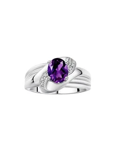 RYLOS AMETHYST & DIAMOND CLASSIC 9X7MM GEMSTONE RING 14K WHITE GOLD SIZE 7 - Picture 1 of 6