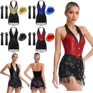 Women's Modern Shiny Sequins Sleeveless Latin Jazz Leotard Dance Costumes Set - Picture 1 of 46