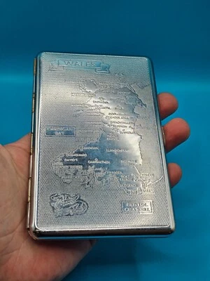 Rare Vintage Collectable Art Deco Cigarette Case With Map of WALES Chrome Plated - Image 1 of 4