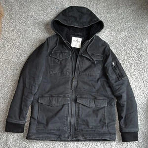 Hollister Sherpa-Lined Black Hooded Coat Jacket Mens Sz M Medium VGUC - Picture 1 of 5