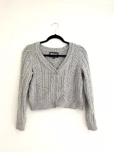 American Eagle Cable Knit Pointelle Cropped Button Down Cardigan Sweater Gray M - Picture 1 of 4