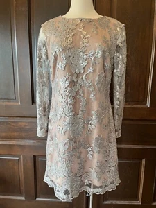 Kleid The Population Grace Silber Paillettenkleid Blumen Transparent Langarm Gr. L - Bild 1 von 19
