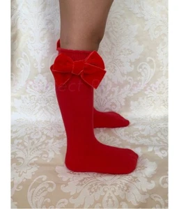 PERFECT PRINCESS Spanish Christmas Red Knee High Velvet Bow Socks. Baby/Girls - Picture 1 of 1