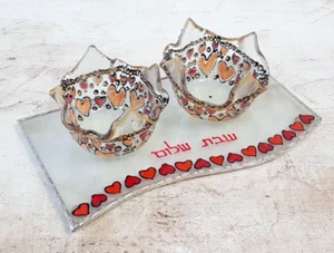 Shabbat Candlesticks, Glass Candleholder, Red Hearts Hand Painted, Birthday Gift - Picture 1 of 16