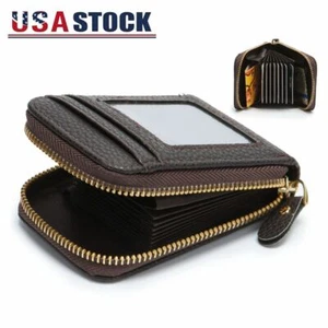 Men Wallet Credit Card Holder Genuine Leather RFID Blocking Zipper Pocket Brown - Picture 1 of 10