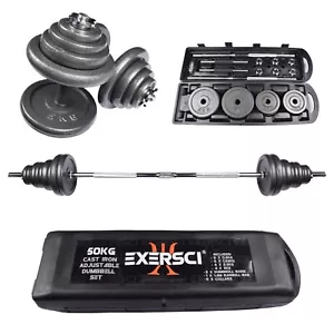 50kg Cast Iron Adjustable Dumbbell / Barbell Weight Set, Foldable 1.5m Barbell - Picture 1 of 9