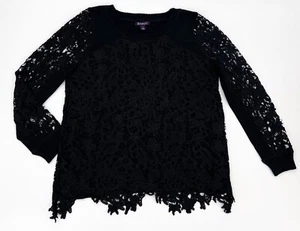 Roamans Sweatshirt Womens 12S  Black Lace overlay Cuff Sheer Sleeves Crew neck - Picture 1 of 8