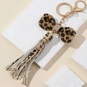 Süßer Leopardenmuster Schleife Leder Quasten Schlüsselanhänger Anhänger Frauen Geschenke - Bild 1 von 3