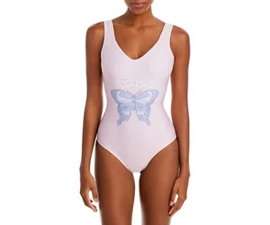 Ganni Women's Graphic Deep Cut One Piece Swimsuit Light Lilac Size S 38 - Picture 1 of 2