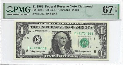 1963 $1 RICHMOND FRN. PMG SUPERB GEM Uncirculated 67 EPQ Banknote. E/B block - Image 1 of 2