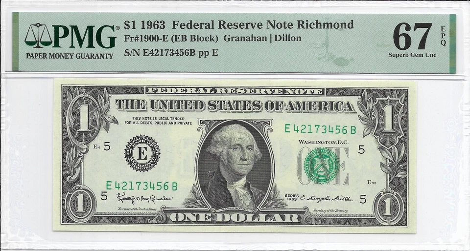 1963 $1 RICHMOND FRN. PMG SUPERB GEM Uncirculated 67 EPQ Banknote. E/B block - Image 1 of 2