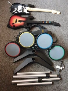 XBOX 360 ROCK BAND DRUM KIT, 2 GUITARS, MICROPHONE *SPARES OR REPAIRS* - Picture 1 of 16