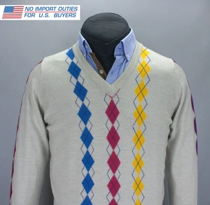 JOHN SMEDLEY Merino Wool Mens Long Sleeve V-Neck Jumper M Beige Argyle Pattern - Picture 1 of 23