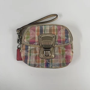 Coach Plaid Multicolor Gold Trim Wristlet Pouch Bag 6x4 Pink Interior - Picture 1 of 5