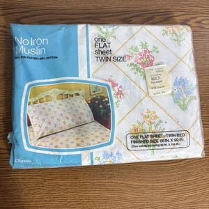 New Vintage JC Penney No Iron Muslin One Flat Sheet Twin Size Floral NIP 66x99 - Picture 1 of 5