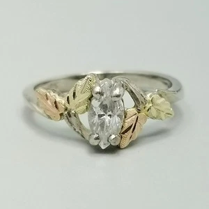 Vintage Sterling Silver 10k Gold Leaf Ring Size 7 1/2 Band Marquise CZ Stone - Picture 1 of 10
