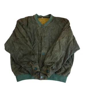 Bomberjacke Herren L Grün Wildleder Leder Taschen Langarm Knopfleiste - Bild 1 von 4
