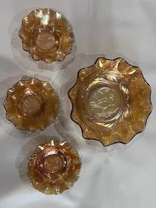 Antique CARNIVAL GLASS BOWL 4184  Marigold- KINGFISHER Fluted set of 4 Australia - Picture 1 of 12