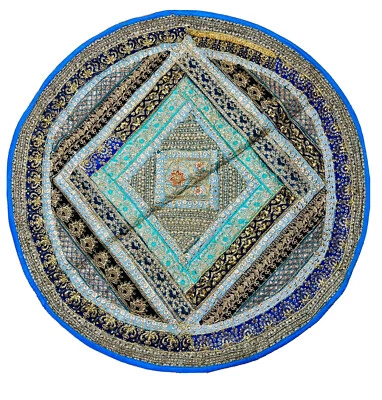 BOHO ethnic wall hanging Table cloth tapestry Throw round patchwork Blue Golden - Image 1 of 4