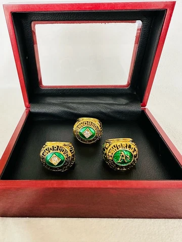 3 PCS Oakland Athletics World Series Ring Complete Set W Box, US SHIP 1972/73/74 Cover
