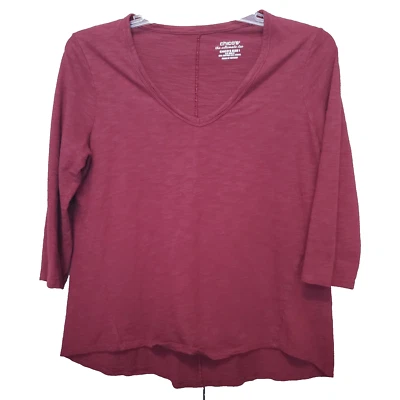 Camiseta CHICO'S Borgoña Mezcla Algodón Slub Cuello en V Manga 3/4 Talla 1 Mediana Foto 1 de 4