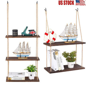 Wooden Hanging Shelf Window Wall Plant Rope Hanging Shelves for Kitchen Bathroom
