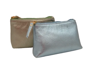 Leather Cosmetic Makeup Bag Pouch Accessory Bag Blue Metallic NEW 4x6" - Picture 1 of 4