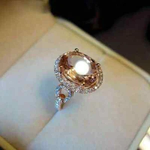 4 Ct Oval Cut Morganite Halo Wedding Engagement Ring Solid 14K Rose Gold Finish - Picture 1 of 3