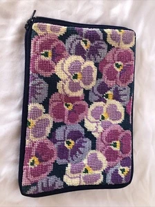 VTG Cross-stitched Embroidered Pansy Floral w Velvet Zippered Pouch Bag Make-Up - Picture 1 of 7