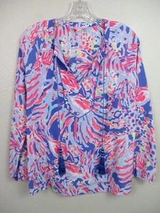 Lilly Pulitzer Silk Top Small Pink Blue Saria Shrimply Chic Tassel Long Sleeve - Picture 1 of 14