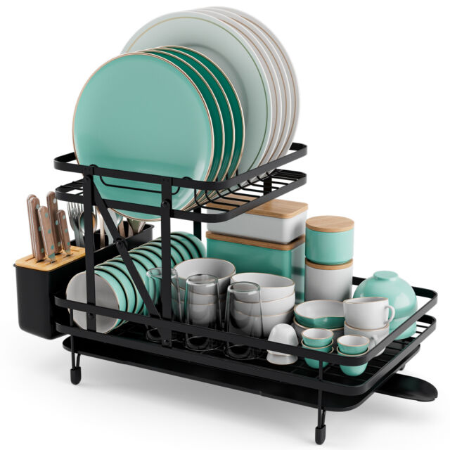 Drying Dish Rack,Chrome-Plated Steel 2-Tier Dish Drying Rack with  Drainboard for Kitchen Counter,Black1
