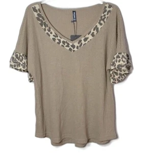 IWOLLENCE V Neck T Shirts for Women Waffle Knit Leopard XL Beige NWT Free Ship - Picture 1 of 5