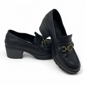 Y2K Chunky Faux Leather Platform Loafers Lug Sole Gold Chain Detail Size 8.5 - Picture 1 of 7