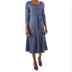 NEW! NINA LEONARD navy blue/silver Lurex midi dress, Size L - Picture 1 of 6