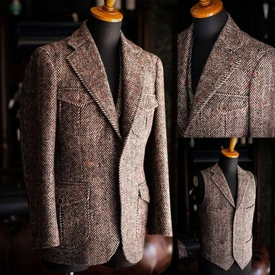 Herringbone Business Men Suits Formal Wedding Party Tuxedos Tailored Notch Lapel - Image 1 of 4