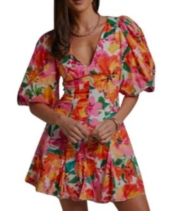 Showpo Women's Size US 6 Floral Puff Sleeve Dress Multi-Color - Picture 1 of 16