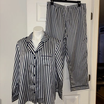 Alfani Satin Pajama Set Navy White Striped Women’s XL Button Up Top & Pants - Image 1 of 4