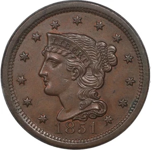 1851 1C Braided Large Cent Soapbox ANACS MS61 Key High Grade Early Copper Type - Picture 1 of 5