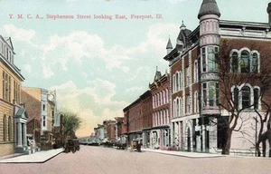 Postcard ~ Freeport Illinois, Stephenson Business Street Looking East & Y.M.C.A. - Picture 1 of 2