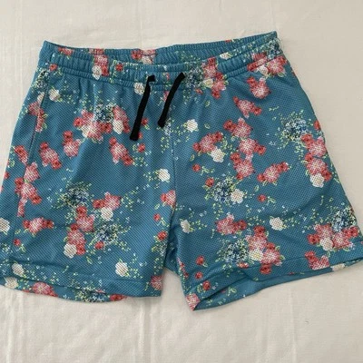 Costume da bagno fondo orso pantaloncino attivo GRANDE 5,5" blu stampa fiori fodera tasca - Immagine 1 di 4