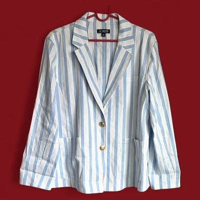 J.Crew Patch Pocket Blazer Sz M Striped Linen Nautical Blue White Gold Button - Image 1 of 4
