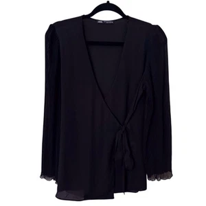 Zara Size Medium Black Long Sleeve Chic Pleat Long Sleeve Sheer Wrap Blouse Top - Picture 1 of 7