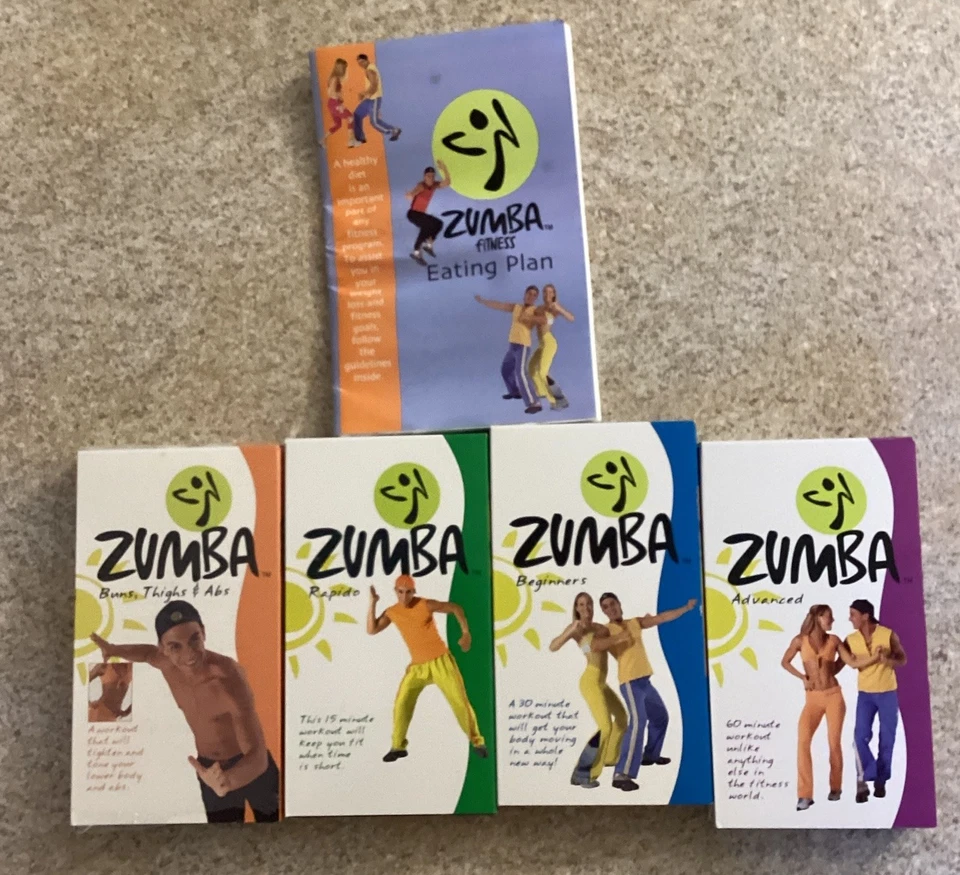Zumba 4-Tape VHS Set Steps Beginners Advanced Buns Thighs Abs With Eating Plan - Image 1 of 4