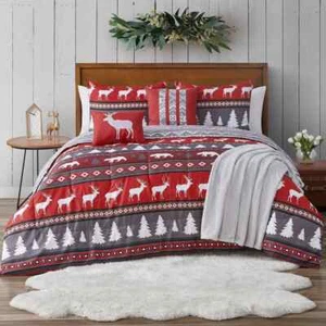 Red Reversible Elk Lodge Cabin Rustic Christmas King Queen 6 pcs Comforter set - Picture 1 of 3